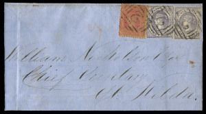 VICTORIA - Postal History: 1860 (Oct.29) Germain Nicholson cover from Geelong with Rouletted 2d violet Emblems on horizontally laid paper SG.70 (2) and 4d Beaded Oval cancelled by fine strikes of BN '2', Geelong, Melbourne & St Kilda (arrival) transit backstamps, hinge reinforcing on reverse. Stated to be ex Pack .(Harmers Feb. 1949 sale)