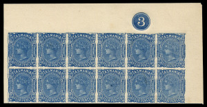 TASMANIA: REPRINTS:1870-78 (SG.130) 4d blue Sideface reprint, Plate '3' positional block of twelve from right of the sheet on ungummed card. Very fine, Cat £14,440+ as normal issues.