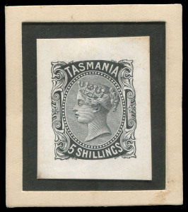 TASMANIA: DIE PROOFS: 1870-78 Sideface Die Proofs in black for 1d, 2d, 3d, 4d, 10d and 5/- values on individual glazed white cards (26x32mm). Rare group.(6)