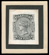 TASMANIA: DIE PROOFS: 1870-78 Sideface Die Proofs in black for 1d, 2d, 3d, 4d, 10d and 5/- values on individual glazed white cards (26x32mm). Rare group.(6) - 2