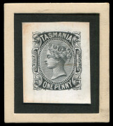 TASMANIA: DIE PROOFS: 1870-78 Sideface Die Proofs in black for 1d, 2d, 3d, 4d, 10d and 5/- values on individual glazed white cards (26x32mm). Rare group.(6) - 6