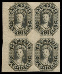 TASMANIA: PLATE PROOFS: 1858 Perkins Bacon 6d and 1/- Imperforate Plate Proof blocks of 4 in black on white wove paper. (2 blocks)