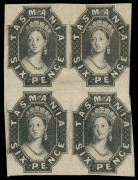 TASMANIA: PLATE PROOFS: 1858 Perkins Bacon 6d and 1/- Imperforate Plate Proof blocks of 4 in black on white wove paper. (2 blocks) - 2