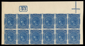 TASMANIA: REPRINTS:1870-78 (SG.130) 4d blue Sideface reprint, Current N° '43' positional block of twelve, from left of sheet, on ungummed card. Very fine, Cat £14,440+ as normal issues.