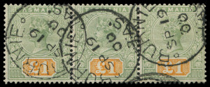 TASMANIA: 1892-99 (SG.225) £1 Tablet green & yellow, horizontal strip of 3, €˜BURNIE/SP19/00€™ datestamps, insignificant crease only visible on reverse, Cat. £1,500+. Rare used multiple.