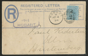 TASMANIA - Postal History: 1894 (Apr 4) use of Queen Victoria Embossed (without words of value) Registration Envelope, uprated with 2½d on 9d Sideface for transit to Wurrtemberg, part-strike of the chamfered-boxed 'REGISTERED/HOBART' handstamp in violet (being the earliest recorded use of this handstamp), superb Italian 'AMBTE BOLOGNA-ALA/(Nº2)' TPO transit and ULM arrival backstamp.
