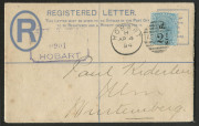 TASMANIA - Postal History: 1894 (Apr 4) use of Queen Victoria Embossed (without words of value) Registration Envelope, uprated with 2&frac12;d on 9d Sideface for transit to Wurrtemberg, part-strike of the chamfered-boxed 'REGISTERED/HOBART' handstamp in violet (