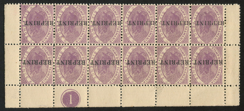 TASMANIA: Postal Fiscals: 1880 (SG.F28) Platypus 6d mauve Stamp Duty Plate No '1' positional block of twelve, overprinted 'REPRINT' vertically, on perforated & gummed thick paper, fresh MUH.