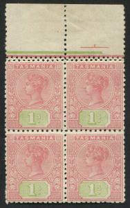 TASMANIA: 1906-09 (SG.257) Wmk Crown/A 1/- rose & green Tablet Perf.12.4 block of 4, variety DOUBLE PERFS between upper units and sheet margin, not recorded by Brusden White for this issue; fine mint.