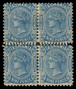 TASMANIA: 1906-09 (SG.256d) 9d blue Sideface, Wmk Crown/A inverted block of four, variety "Compound (mixed) perforations of 11 & 12, horizontally between, other sides perf 11; fine mint, Cat. £2200+ (ACSC T73a, Cat $2400+).