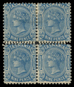 TASMANIA: 1906-09 (SG.256d) 9d blue Sideface, Wmk Crown/A inverted block of four, variety "Compound (mixed) perforations of 11 & 12, horizontally between, other sides perf 11; fine mint, Cat. £2200+ (ACSC T73a, Cat $2400+).