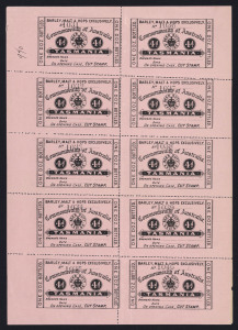 TASMANIA - Revenues: BEER DUTY: 1903 (Barefoot.60) 'Commonwealth of Australia' 4d black on pink 'Bottled Beer' sheet of 10 numbered between '1031' and '1040'; very fresh unused as issued; Elsmore online Cat $5000+. Possibly unique as a sheet and an outstanding & fantastic exhibition item.