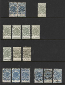 SOUTH AUSTRALIA: 1904-11 (SG.284-292 range) Thick 'POSTAGE' Watermark Crown/SA selection on leaves comprising 6d mint (4) and used (9, one perf 'OS', five perf 'SA'), 8d mint (6) and used (8, one perf 'OS'), 9d mint (10, one perf 'OS') and used (6, two each perf 'OS' or 'SA'), 10d mint (11, incl. strip of 3) and used (4), 1/- mint (5, two perf 'OS') and used (9, two perf 'OS' and three perf 'SA'), 2/6d mint (5) and used (5, one perf 'SA'), 5/- mint (13, incl. pair and two perf 'SA') and used (6,
