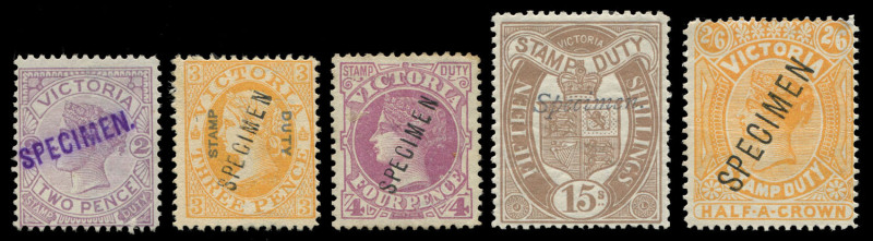 VICTORIA: SPECIMEN OVERPRINTS: collection of various types in upper or lower case, mostly McCredie Overprint Types between '20' and '24', including 1884-95 Stamp Duty 1d, 1/6d (2), 3/- (2), 4/- (3), 5/- (3), 10/-, 15/- and £1, 1884-92 2/6d (3), 1885-95 Na