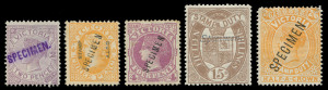 VICTORIA: SPECIMEN OVERPRINTS: collection of various types in upper or lower case, mostly McCredie Overprint Types between '20' and '24', including 1884-95 Stamp Duty 1d, 1/6d (2), 3/- (2), 4/- (3), 5/- (3), 10/-, 15/- and £1, 1884-92 2/6d (3), 1885-95 Naish printings 3d (2), 4d, 8d (3), 1/-, 2/-, 1885 3d 'STAMP DUTY' opt, 1886-96 ½d, 1d Green (2), 1d brown shades (4), 2d (4, one with Natal UPU receiving handstamp), 2½d (3), 4d (3), 5d (2), 6d (3), 9d (2), 1/- (4) & 1/6d Orange;