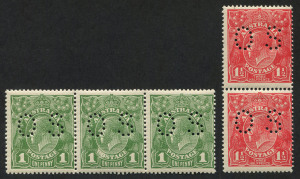 AUSTRALIA: KGV Heads - No Watermark: 1d green strip of three and 1½d red pair both punctured €˜OS€™, usual centring, fresh MUH, BW.79ba & 90ba, Cat. $1,150