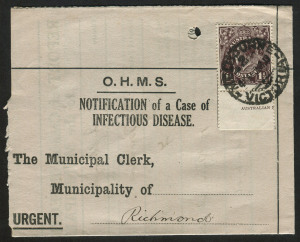 AUSTRALIA: KGV Heads - Large Multiple Watermark: 1½d black-brown Electro 1 with part Harrison Imprint [Pos. L60 showing "White dot SE of right value shield"] tied by MELBOURNE datestamp to 1919 (March) OHMS Notification of Infectious Disease lettersheet u