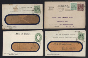 AUSTRALIA: Postal History: 1920-44 Official covers with 1920 (Dec.10) Botanic Garden OHMS cover to England with perforated 'OS' ½d green BW.65ba (Cat. $150 on cover) and 1½d brown; 1932-33 Water Supply Commission window envelopes (2) one with SMult 1d P.13½x12½ perforated 'OS', the other with CofA KGV 1d optd 'OS' (Cat. $100 on cover), few tonespots; also 1944 use of KGVI 1½d green PTPO Stationery Envelope for Shire of Flinders. (4 items)