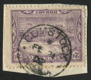 TASMANIA - Postmarks: COMSTOCK: complete 'FE21/02' strike tying 2d Pictorial to small piece, Rated RRRR-.