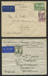 AUSTRALIA: Other Pre-Decimals: 1936 (SG.163) 1/- SA Centenary (Cat. $200 on cover) plus CofA 9d Roo on cover to Switzerland, endorsed "AUSTRALIA - ITALY" for airmail service, stamp tied by SHIP ROOM MELBOURNE '26NO36' datestamp; attractive colour combination franking; also 1932 cover (creasing) to England endorsed "Australian-Karachi-London/airmail" with scarce 1/- Large Lyrebird BW:145 solo franking tied by Wallaroo (SA) datestamp. (2 items)