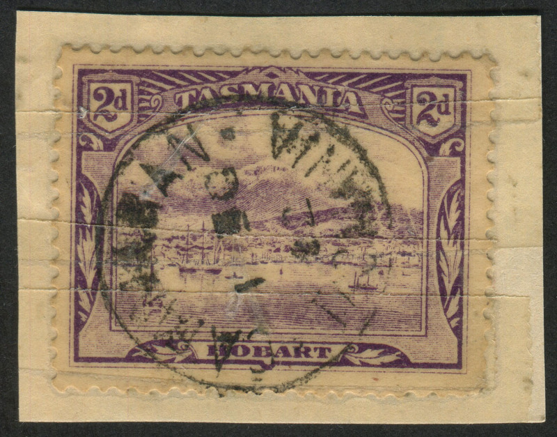 TASMANIA - Postmarks: CATAMARAN: complete 1902 strike on 2d Pictorial (stamp covered with cellotape), Rated RRRR-. [Office closed 31/12/1902]