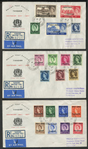 MOROCCO AGENCIES: TANGIER: 1957 (SG.323-342) Centenary of British Post Office QEII ½d to 10/- set tied by '1AP57' datestamps to three registered FDCs with Centenary cachets, addressed locally with rubber handstamps, hinge mount remnants on reverse, very fine overall.