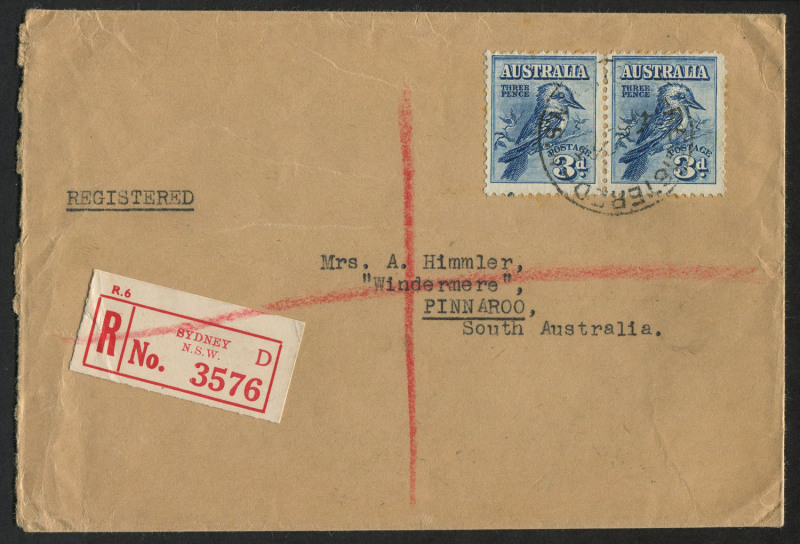 AUSTRALIA: Other Pre-Decimals: 1928 (SG.106) 3d Kookaburra pair on 1929 registered cover to Pinnaroo (SA), stamps tied by 'REGISTERED/SYDNEY' datestamp, TAILEM BEND (SA) transit backstamp, typed address.