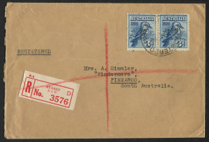 AUSTRALIA: Other Pre-Decimals: 1928 (SG.106) 3d Kookaburra pair on 1929 registered cover to Pinnaroo (SA), stamps tied by 'REGISTERED/SYDNEY' datestamp, TAILEM BEND (SA) transit backstamp, typed address.