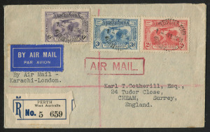 AUSTRALIA: Other Pre-Decimals: 1931 (SG121-23) Kingsford Smith set tied to registered airmail cover by 'REGISTERED PERTH/19MR31' FDI datestamps, typed address to England, very fine, Cat. $200.