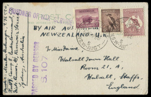 AUSTRALIA: Postal History: 1941 (Feb.15) censored postcard to England endorsed 'PRISONER OF WAR SERVICE' with 2/- Roo, 6d Kooka & 5d Ram paying correct 2/11d postcard trans-pacific clipper rate via New Zealand, stamps tied by GPO SYDNEY/AIR datestamps. [S