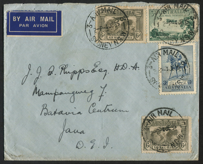 AUSTRALIA: Postal History: 1935 (Jun.4) 1/6d airmail cover to Java with attractive mixed franking comprising 6d Kingsford Smith (2), 3d Airmail & 3d Jubilee all tied by 'AIRMAIL/SYDNEY' datestamps, fine BATAVIA-C arrival datestamp on reverse.