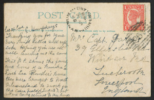 QUEENSLAND - Postmarks: RAILWAY NUMERALS: 10-Bar '498' of Mount Luke tying 1d Sideface to PPC ("Kanaka Family Home"), WYNNUM 'JY16/08' transit cancel, addressed to Liverpool, England. Nice item.