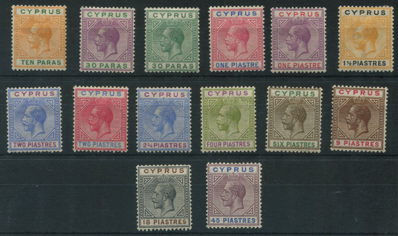 CYPRUS: 1921-23 (SG.85-99) KGV Script CA 10pa to 45pi set (ex 10pa grey & yellow), fine mint, Cat. £550. (14)