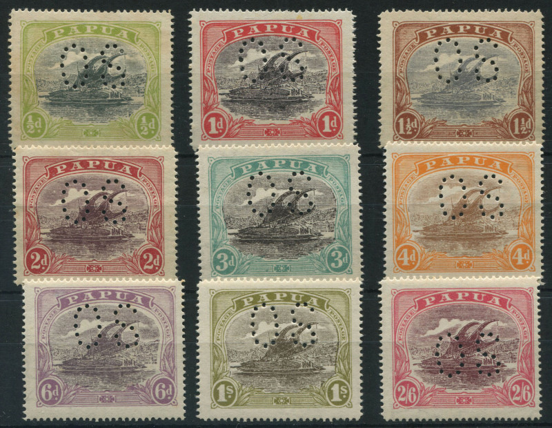 PAPUA: OFFICIALS: 1930 (SG.O46-O54) ½d to 2/6d set punctured 'OS', few low values with gumside toning, otherwise fine mint with most values incl. key 3d & 2/6d values MVLH, Cat £650.