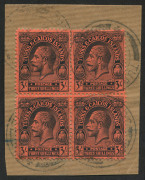 Turks & Caicos Islands: 1922-26 (SG.174) KGV Wmk MCA 3/- black/red block of 4, VFU on piece, Cat. £168+.
