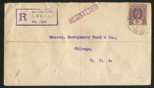 GILBERT & ELLICE ISLANDS: 1933 (Mar.) registered Montgomery Ward cover with KGV 6d SG.19 tied by double-circle "BUTARITARI/P.O./COLONY" datestamp, boxed registration handstamp, on reverse typed sender's address, REGISTERED SYDNEY transit & CHICAGO arrival datestamp.