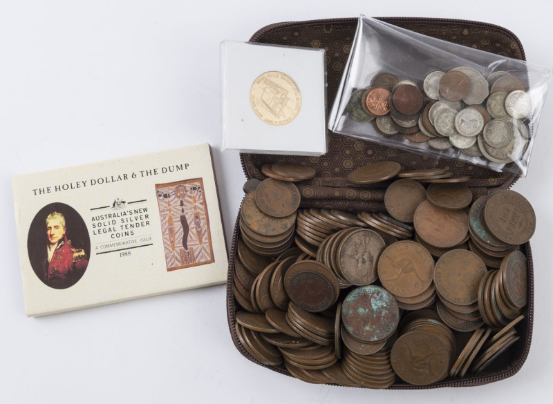 Coins - Australia: Accumulation with circulated quantity pennies and half-pennies (approx 1.7kg), some low denomination silver coins, also 1988 Holey Dollar & The Dump silver coins, 1988 Powerhouse Museum medallion both with original packing.