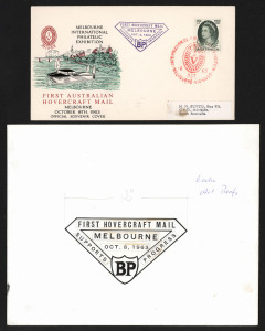 AUSTRALIA: Aerophilately & Flight Covers: 1963 MIPEX First Hovercraft Mail: study on exhibit pages with Ted Roberts' accepted artwork for the MIPEX illustrated souvenir cover, artwork proof & intaglio of the commemorative 'BP' cachet which was applied to covers; covers incl. long cover signed by hovercraft engineers, officials & observers incl. Purves, Eustis & Collas (APM.1791/3b), plus 10d aerogramme signed by Bonner & Sangston, parcel tags with cachets (2), plus newspaper cuttings relating to