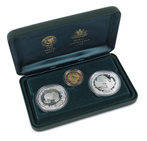 Coins - Australia: Gold: Sydney 2000 Olympic Proof Coin Collection, a RAM/Perth Mint joint venture, comprising $100 Achievement (Stadium), 10.021gr of 999/1000 fine gold; also silver $5 Harbour of Life & $5 Platypus & Water Lilly each 31.635gr 999/1000 fine silver in original presentation box with CofA, Unc.