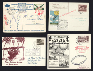 Air Balloons: 1929-1970s collection of mostly European covers & cards with Air Balloon related illustrations, cachets, labels, and/or commemorative postmarks incl. Switzerland 1929 Fete Nationale 40c Air Postal Card with commemorative datestamp, Belgium 1949 "Coupe Andries Blitz" balloon illustration, Saar 1953 illustrated Postal Cards (2) one with "BALLON JULES VERNE" cachet, 1955 First Balloon Ascent in Surinam illustrated card; later material includes signed 1970s covers; mostly fine. Attract