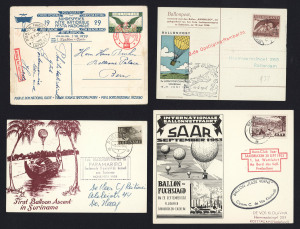 Air Balloons: 1929-1970s collection of mostly European covers & cards with Air Balloon related illustrations, cachets, labels, and/or commemorative postmarks incl. Switzerland 1929 Fete Nationale 40c Air Postal Card with commemorative datestamp, Belgium 1