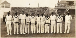 1928 WEST INDIES TEAM (the year West Indies were granted full Test status), triple-postcard (270x136mm) compring a panoramic photo of the 1928 team, published by H.Walker, Photographer, 35A St.Thomas St, Scarsborough. Team includes Karl Nunes (captain), L