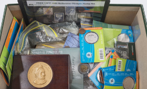 Coins - Australia: Balance of consignment with unc 1996 $5 Bradman, 2006 Commonwealth Games 50c unc (16) & $5 Queen's Baton, PNCs with 1997 Bradman, 2006 Commonwealth Games $5 (2) & Commemorative Medallion (Ltd Edn), Horticultural Society of Victoria medallion mounted on wooden block; circulated coins with a few pre-decimals & foreign minors, decimal coins incl. 50c (approx 70) plus lots of 1c & 2c