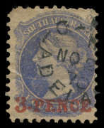 SOUTH AUSTRALIA: 1870-71 (SG.91-93a) Large Star Perf.10 3d on 4d (in red) dull ultramarine (crease, even tone), 3d on 4d (in black) pale ultramarine, ultramarine (corner crease, ADELAIDE 'AU14/71 FDI datestamp), plus the very scarce Prussian blue shade; a - 2