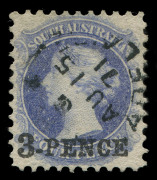 SOUTH AUSTRALIA: 1870-71 (SG.91-93a) Large Star Perf.10 3d on 4d (in red) dull ultramarine (crease, even tone), 3d on 4d (in black) pale ultramarine, ultramarine (corner crease, ADELAIDE 'AU14/71 FDI datestamp), plus the very scarce Prussian blue shade; a - 3