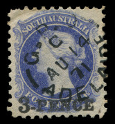 SOUTH AUSTRALIA: 1870-71 (SG.91-93a) Large Star Perf.10 3d on 4d (in red) dull ultramarine (crease, even tone), 3d on 4d (in black) pale ultramarine, ultramarine (corner crease, ADELAIDE 'AU14/71 FDI datestamp), plus the very scarce Prussian blue shade; a - 4