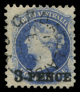 SOUTH AUSTRALIA: 1870-71 (SG.91-93a) Large Star Perf.10 3d on 4d (in red) dull ultramarine (crease, even tone), 3d on 4d (in black) pale ultramarine, ultramarine (corner crease, ADELAIDE 'AU14/71 FDI datestamp), plus the very scarce Prussian blue shade; a