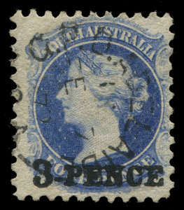 SOUTH AUSTRALIA: 1870-71 (SG.91-93a) Large Star Perf.10 3d on 4d (in red) dull ultramarine (crease, even tone), 3d on 4d (in black) pale ultramarine, ultramarine (corner crease, ADELAIDE 'AU14/71 FDI datestamp), plus the very scarce Prussian blue shade; attractive group, Cat £1,200+.