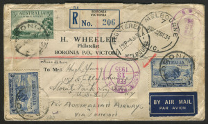 AUSTRALIA: Postal History: 1934 (Dec 7) airmail cover from Hatch-Beauchamp/Taunton, England, sent "Via Imperial Airways" to Harry Wheeler (of Arnold, Wheeler & Co) in Melbourne, registered and redirected by Wheeler "per Australia Airways, Via London" to New York with 3d Macarthur (2) & 3d Airmail added and tied by BORONIA datestamps, FLORAL PARK, N.Y. arrival datestamp.