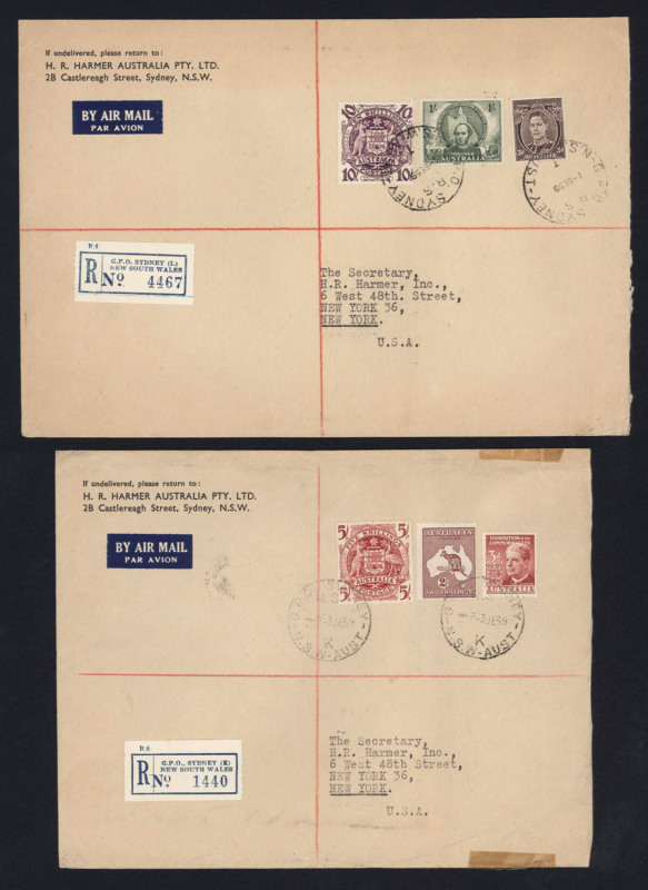 AUSTRALIA: Other Pre-Decimals: 1948-56 (SG.224a&b) 10/- plus 1/- Mitchell & 3d KGVI used on H.R Harmer 1959 (Sep.1) registered quintuple rate (2/- x5, + 1/3d registration) inter-office airmail cover from Sydney to USA; also 1959 (Jun.3) registered cover f